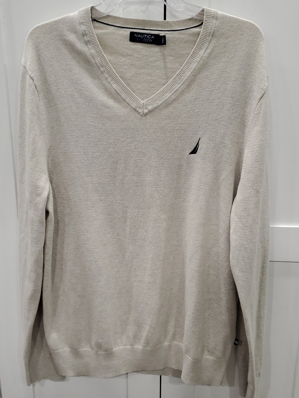 Nautica Light Cream V-Neck Sweater with Navy Sail Logo